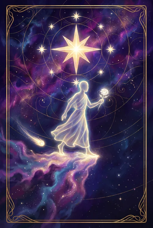 Nerve, card I of the Manifestory Arcana: a luminous figure stepping off a starlit edge, holding a white rose